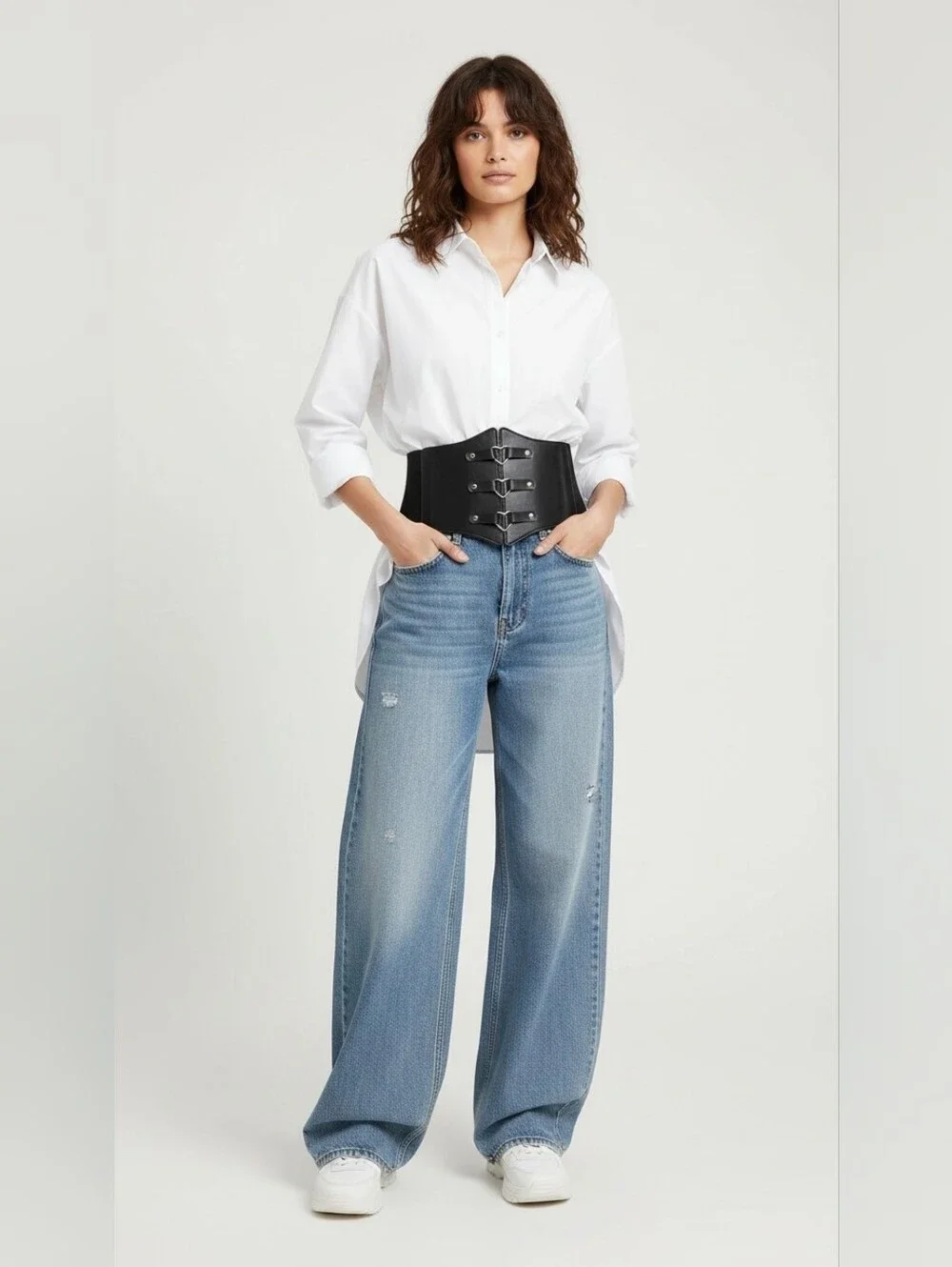 Corset Style‎ Triple Buckle Wide Belt Elastic Waist Band Faux Leather One Size